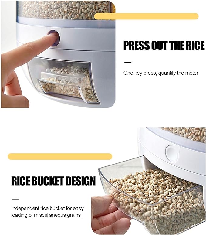 Rotating Grain Dispenser™ One-Touch Dispensing • Multiple Compartments • 360° Rotation • Space-Saving Kitchen Storage