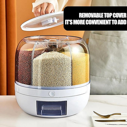 Rotating Grain Dispenser™  One-Touch Dispensing • Multiple Compartments • 360° Rotation • Space-Saving Kitchen Storage