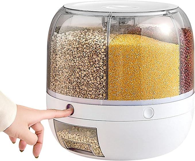 Rotating Grain Dispenser™  One-Touch Dispensing • Multiple Compartments • 360° Rotation • Space-Saving Kitchen Storage